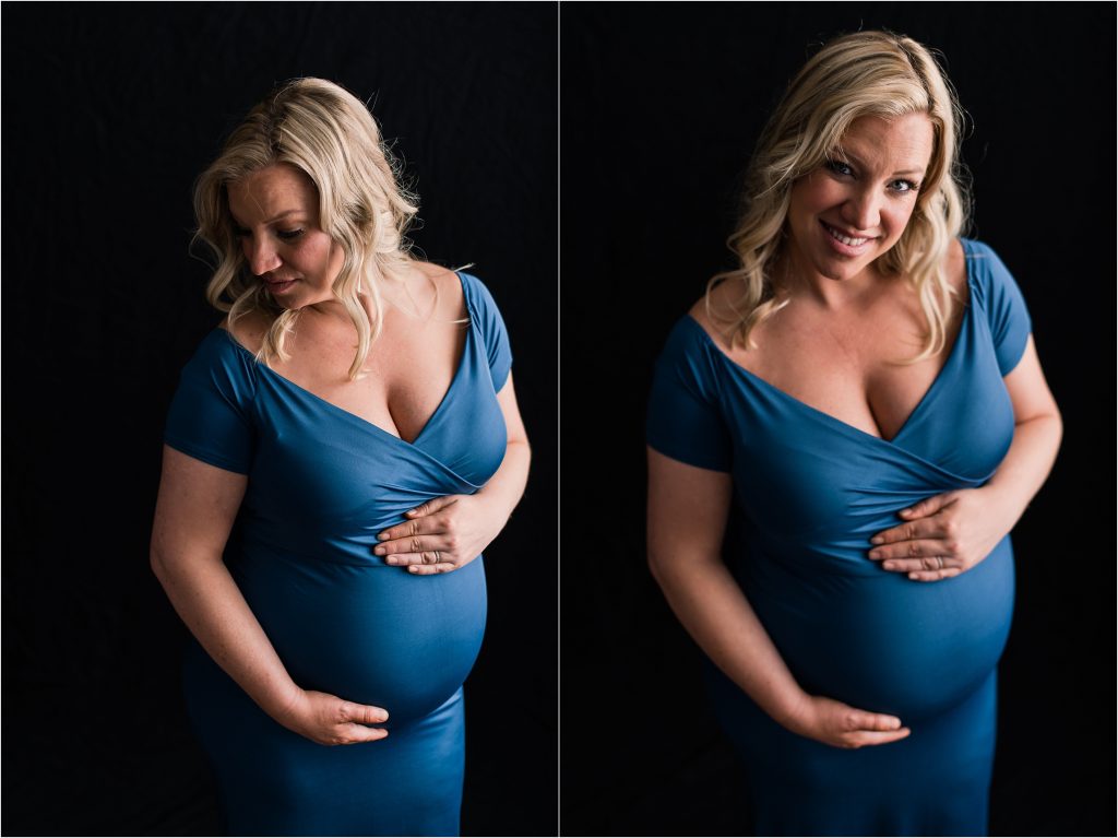 Decatur, Il Maternity Photographer in studio with stunning momma to be in blue dress dramatically lit