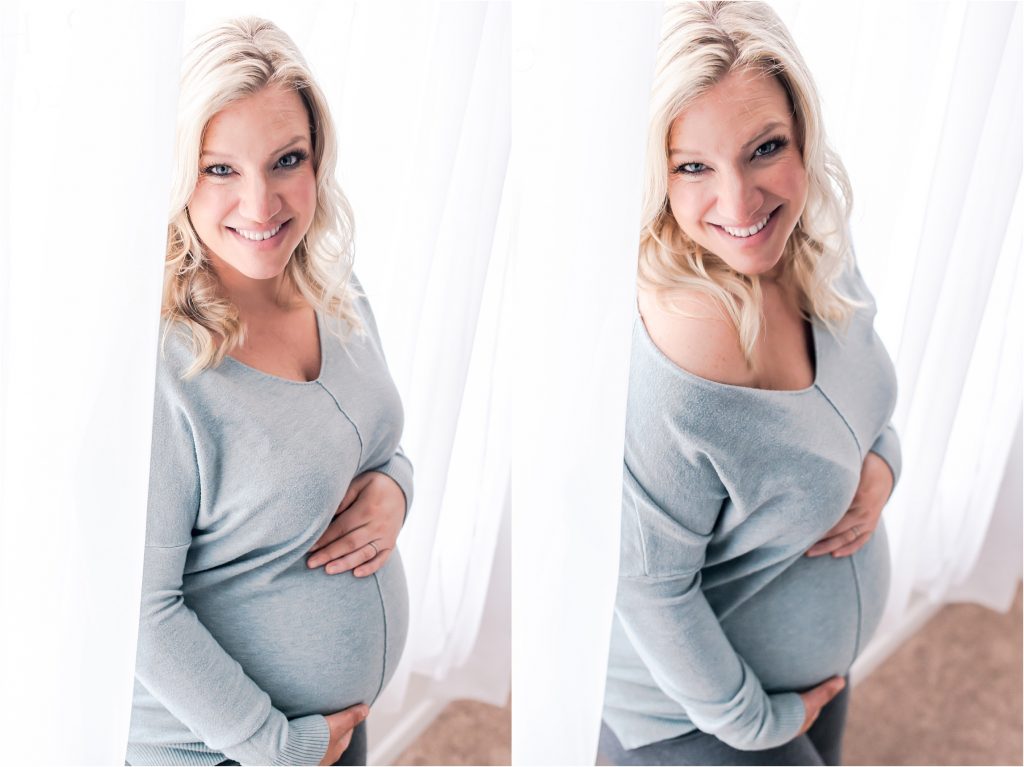 studio maternity session, Decatur il, off the shoulder sweater on pregnant momma