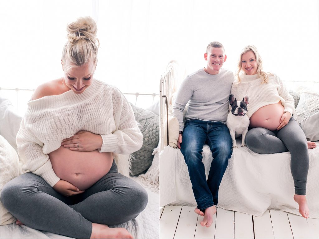 studio lifestyle maternity session in Decatur, Il with dad to be and frenchie