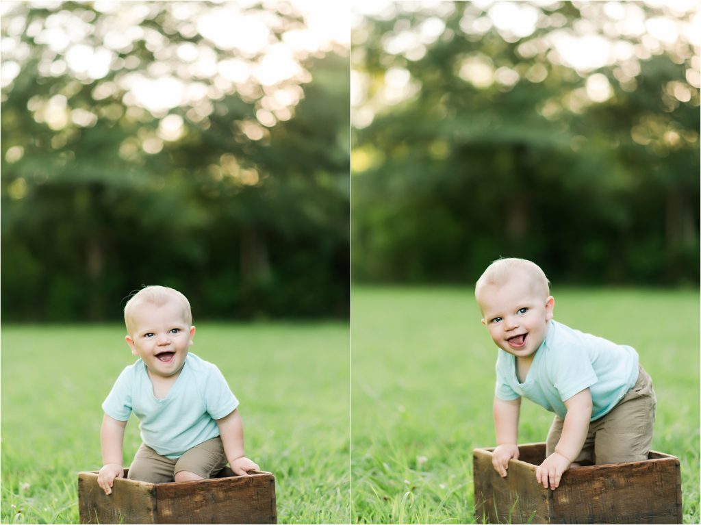 One year old boy laughing at Lake Taylorville, Il