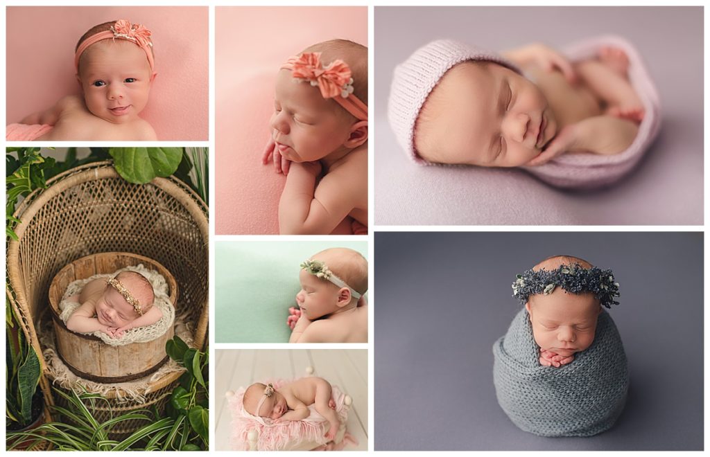 Collage of a baby girl on colorful backdrops
