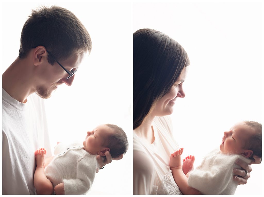 two pictures, one each of a parent looking at baby backlit