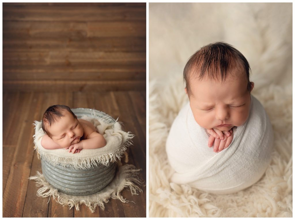 side by side of baby boy in prop and wrapped up in potato sack