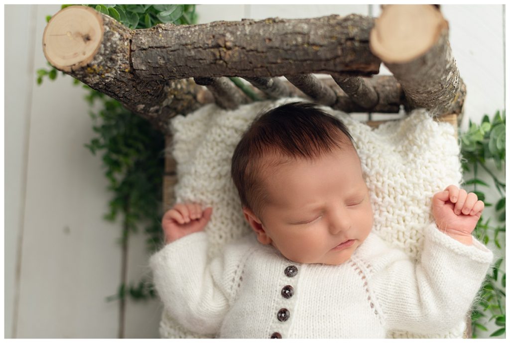 log bed with newborn boy in white knit onesie