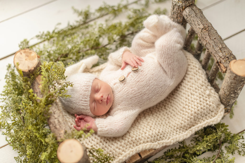 baby boy on wood backdrop with greenery surrounding him