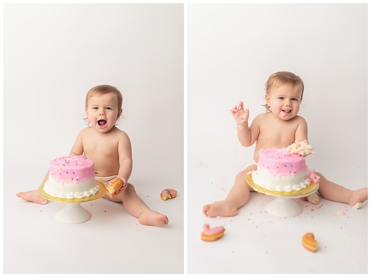 Baby girl smashing her birthday cake