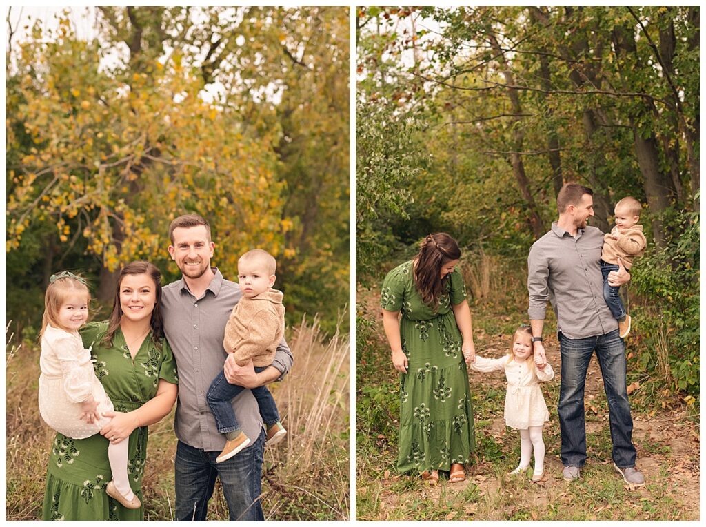 two images of the family of four in Decatur Il at River ranch. One of family looking at camera, the other of everyone walking together and smiling and interacting with each other.