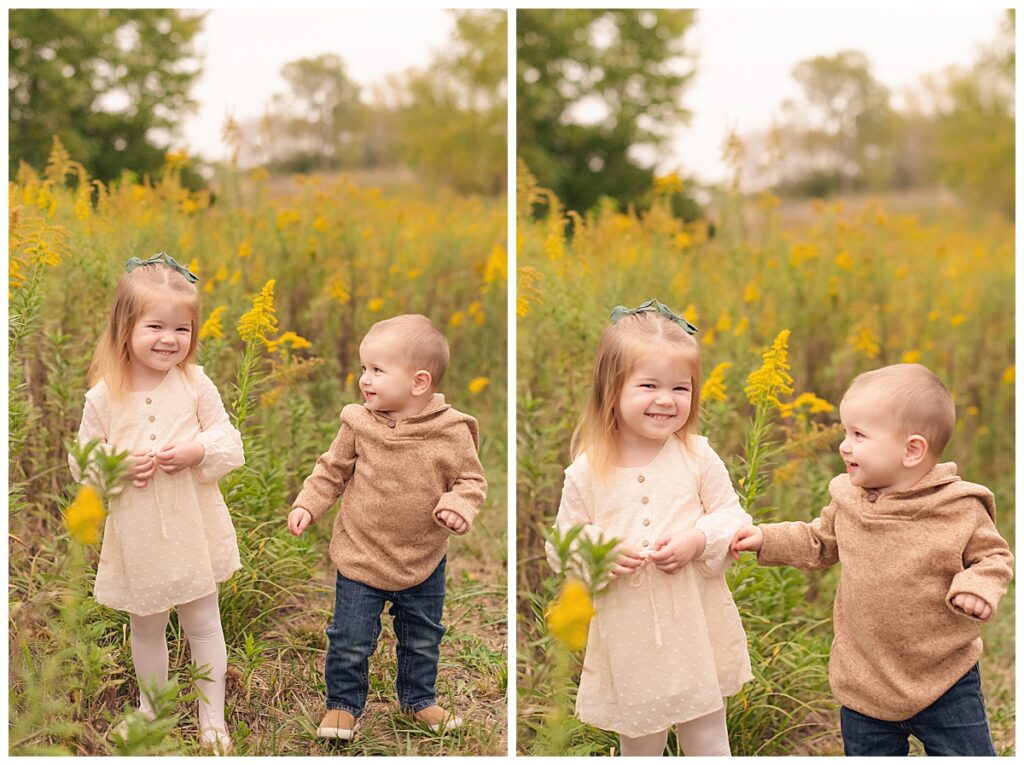 two images side by side of siblings together. Girl looking at camera and baby brother looking at her. 
