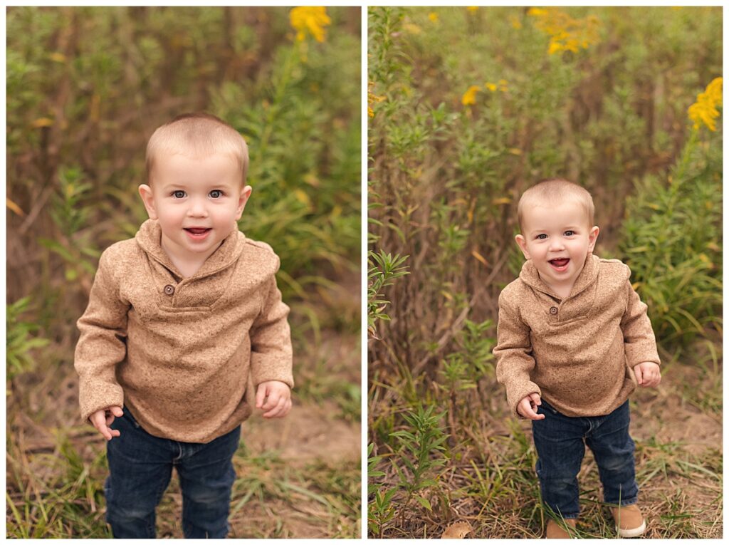 split duo of baby brother walking around and smiling at camera in front of yellow flowers