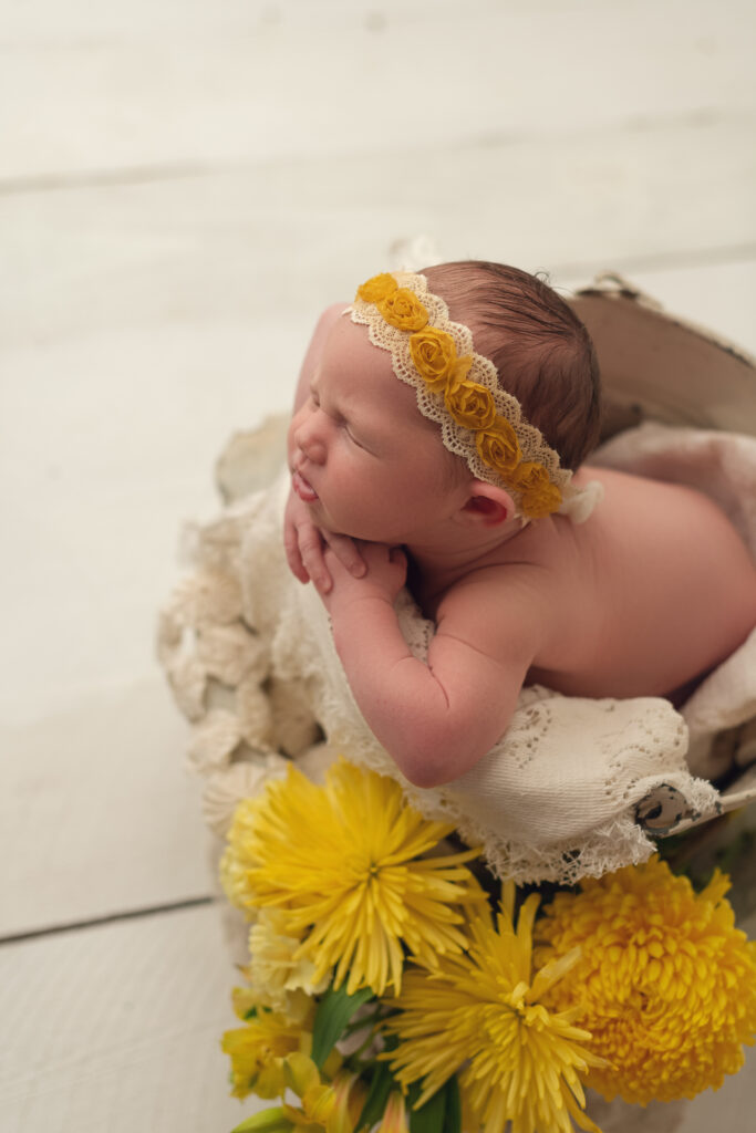 profile view newborn baby girl in white vintage bucket with yellow florals to the side