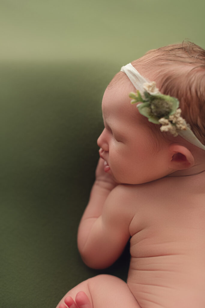 Baby girl on green backdrop with cute rolls