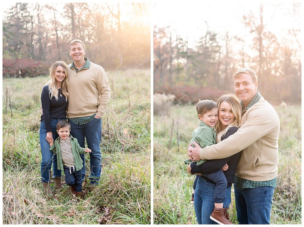Family of three snuggled up for pictures at fall family session in Allerton Park in Monticello Il during golden hour