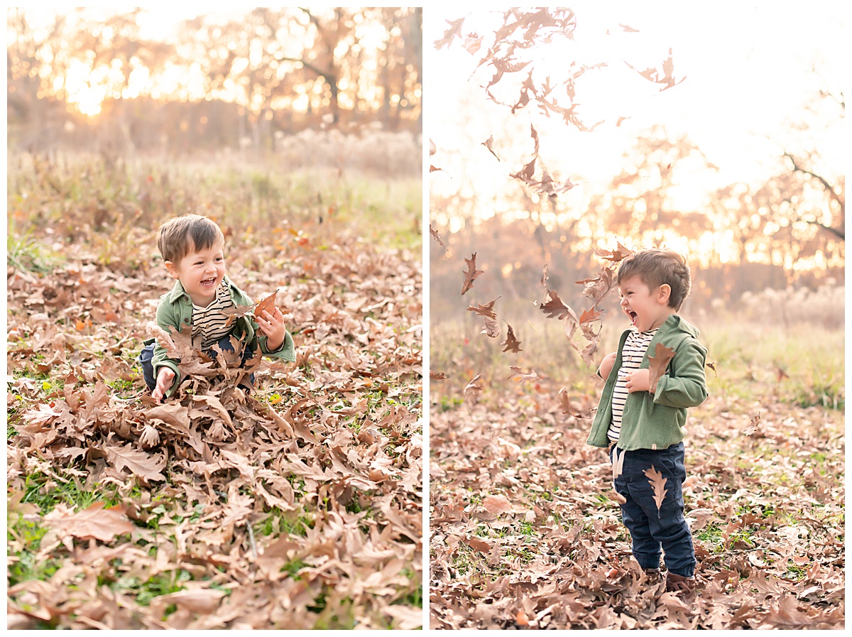 Two year old boy throwing leaves in the air during golden hour at Allerton Park in Monticello Il during his fall family photo session with Hidden Gem Photography by Jennifer Lange