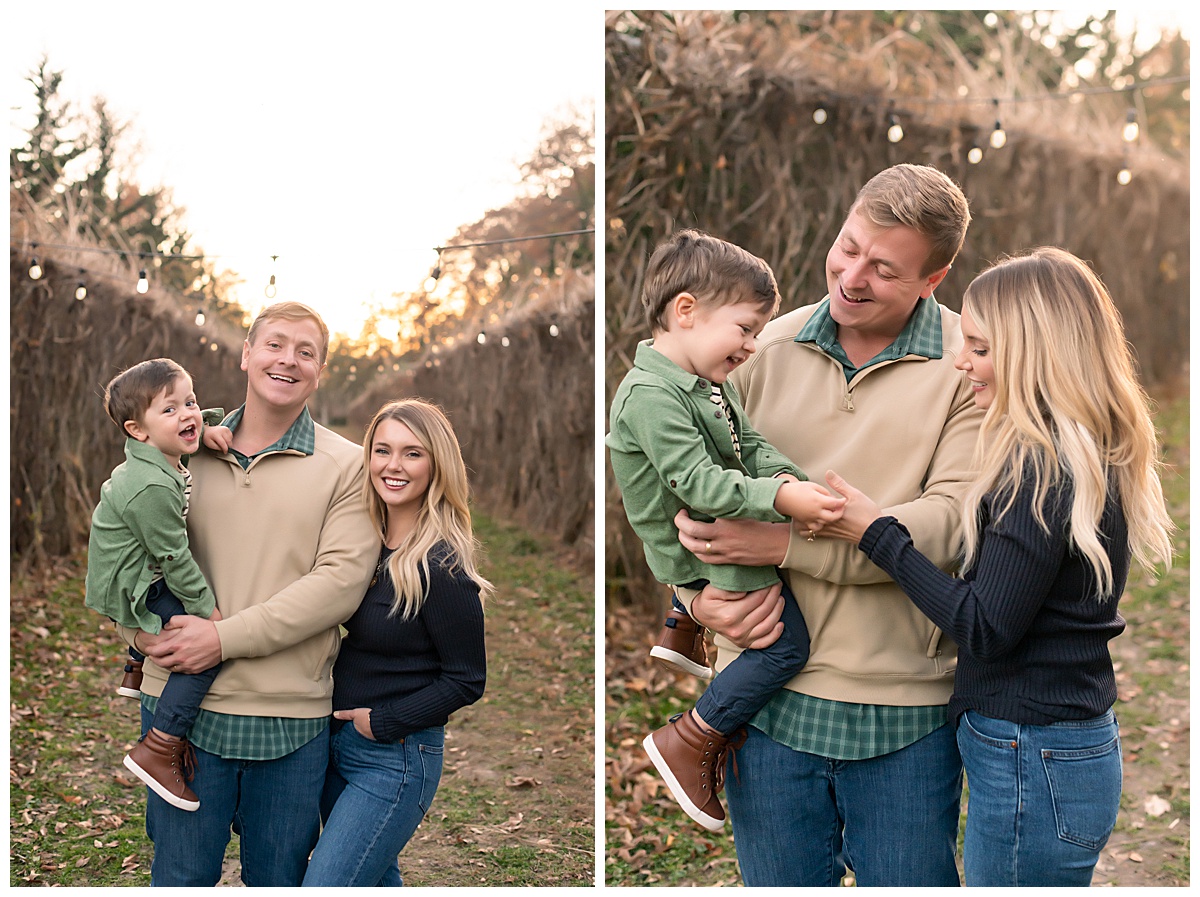 Two pictures of a family of three under the lights at Allerton Park in Monticello Il