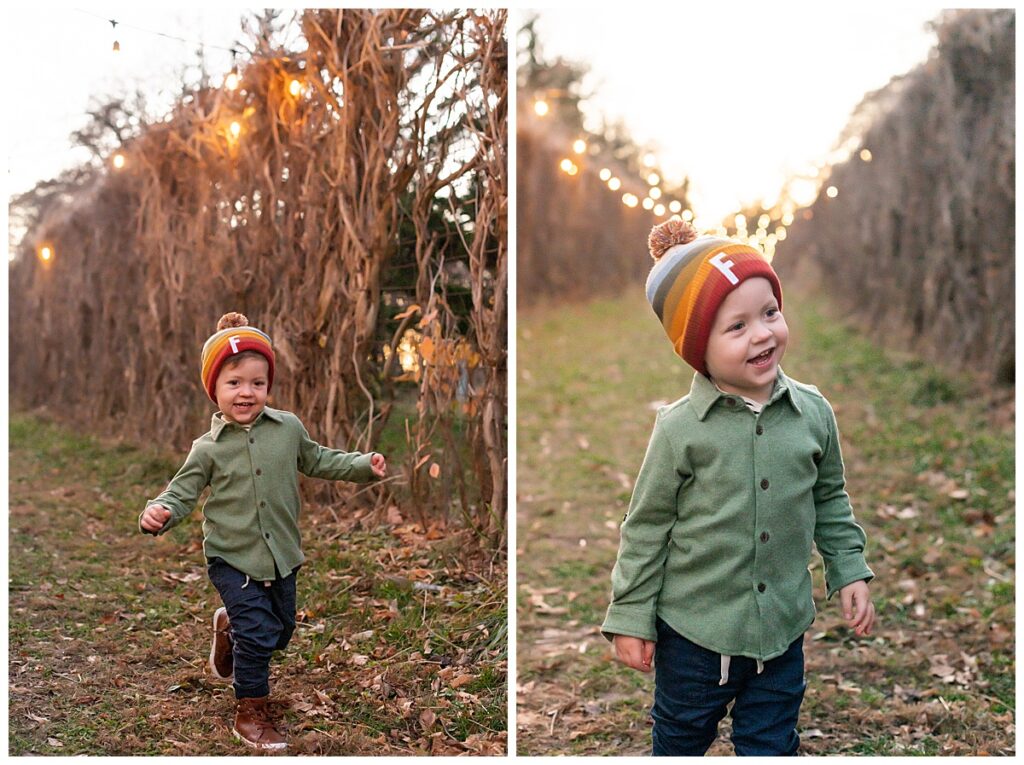 Three year old boy running around Allerton Park with multi colored hat on