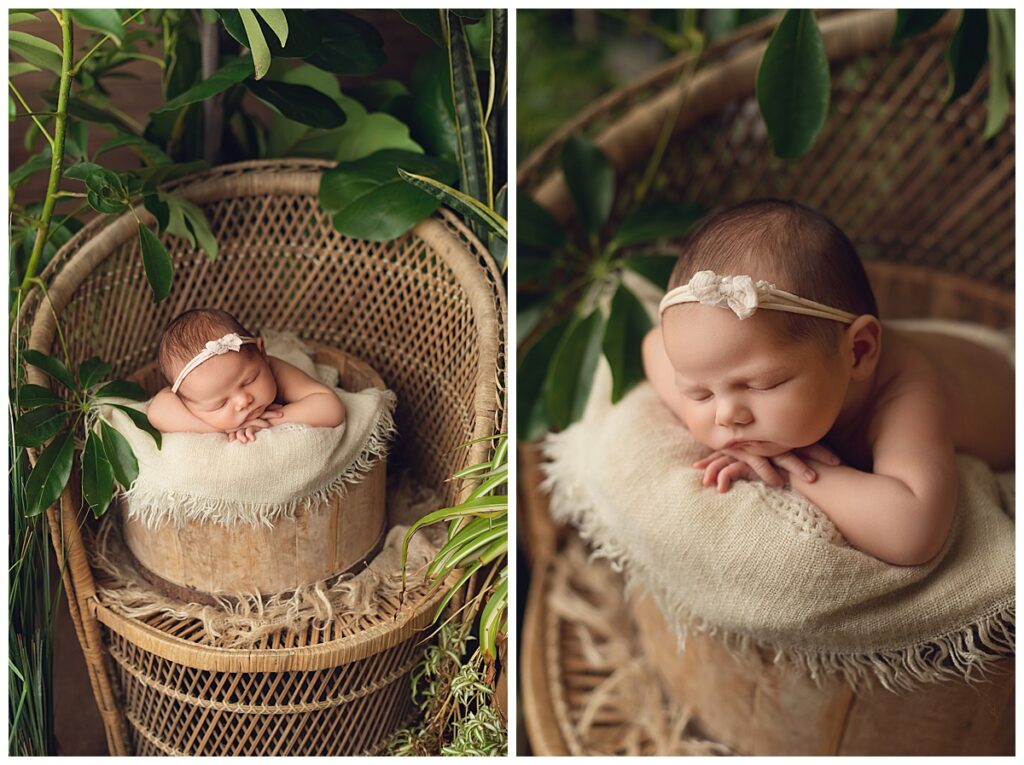 Baby girl surrounded by greenery in farmhouse style bucket. One of the pictures is a profile picture.