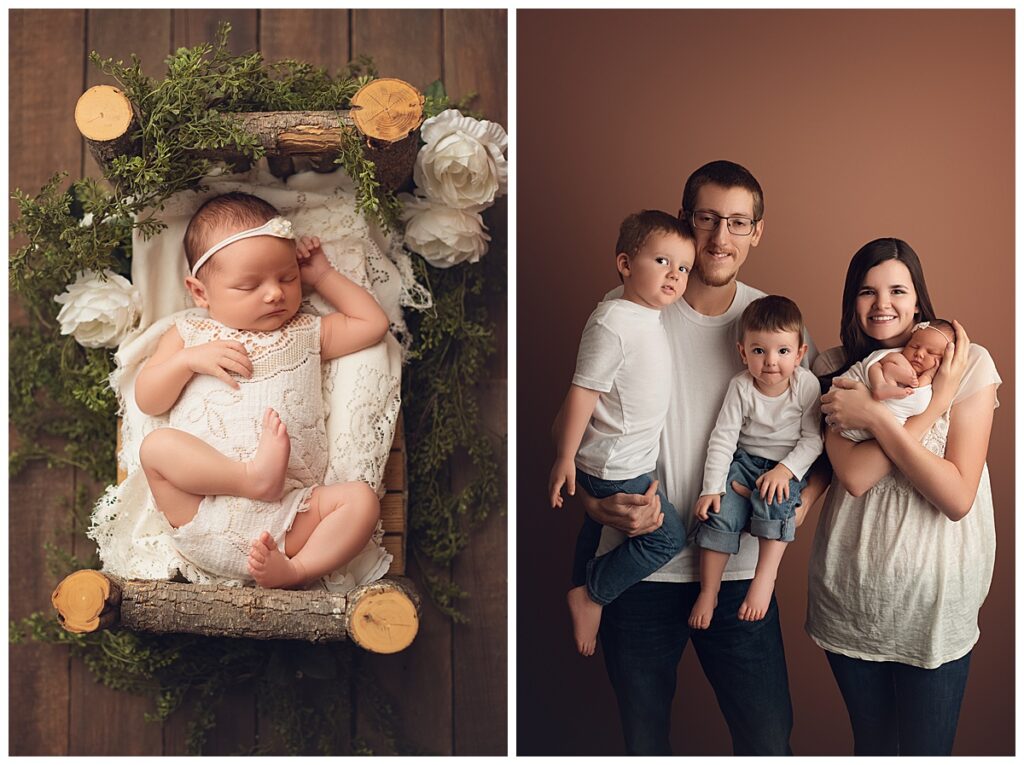 Two pictures side by side, one of family of five with two older brothers and parents and one of baby girl on log bed