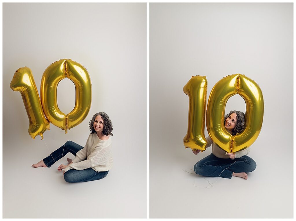 Two pictures of Jen sitting on ground with the number 10 in gold balloons in the background